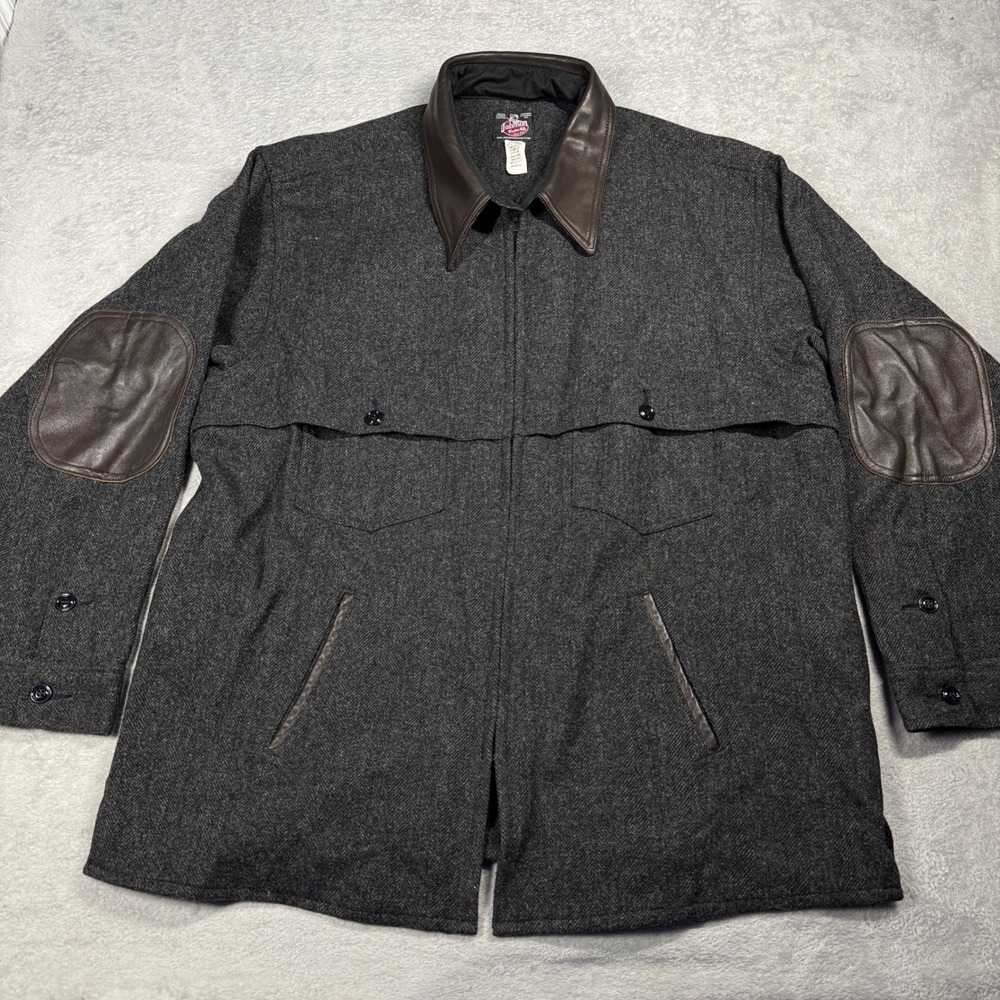 Johnson Woolen Mills Wool Field Jacket Mens 3XT Grey Leather Trim 477LCL USA